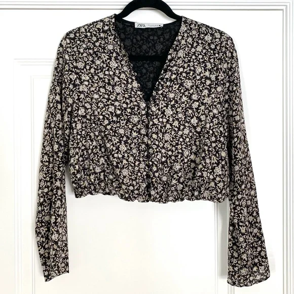 Zara Floral Long Sleeve Button up Crop Blouse - Small - Picture 4 of 8